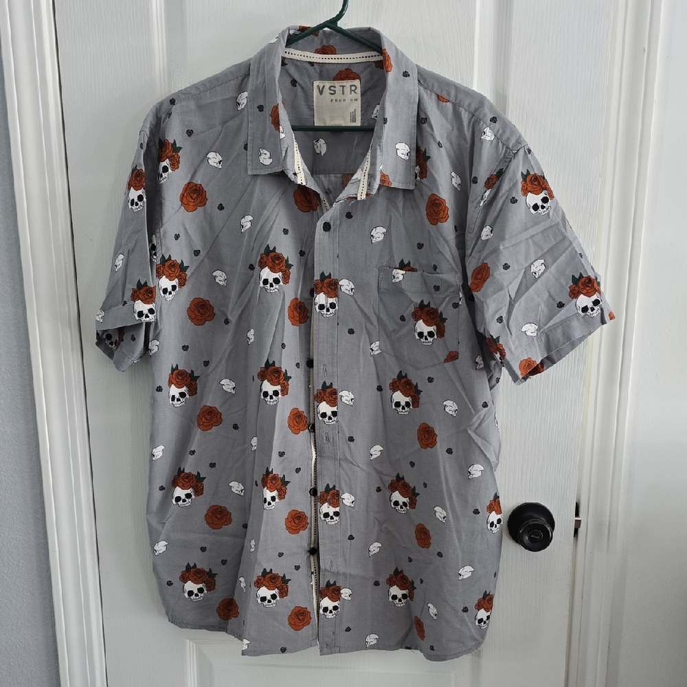 Gray and Red/orange Casual Button Down Shirt with Skull Print